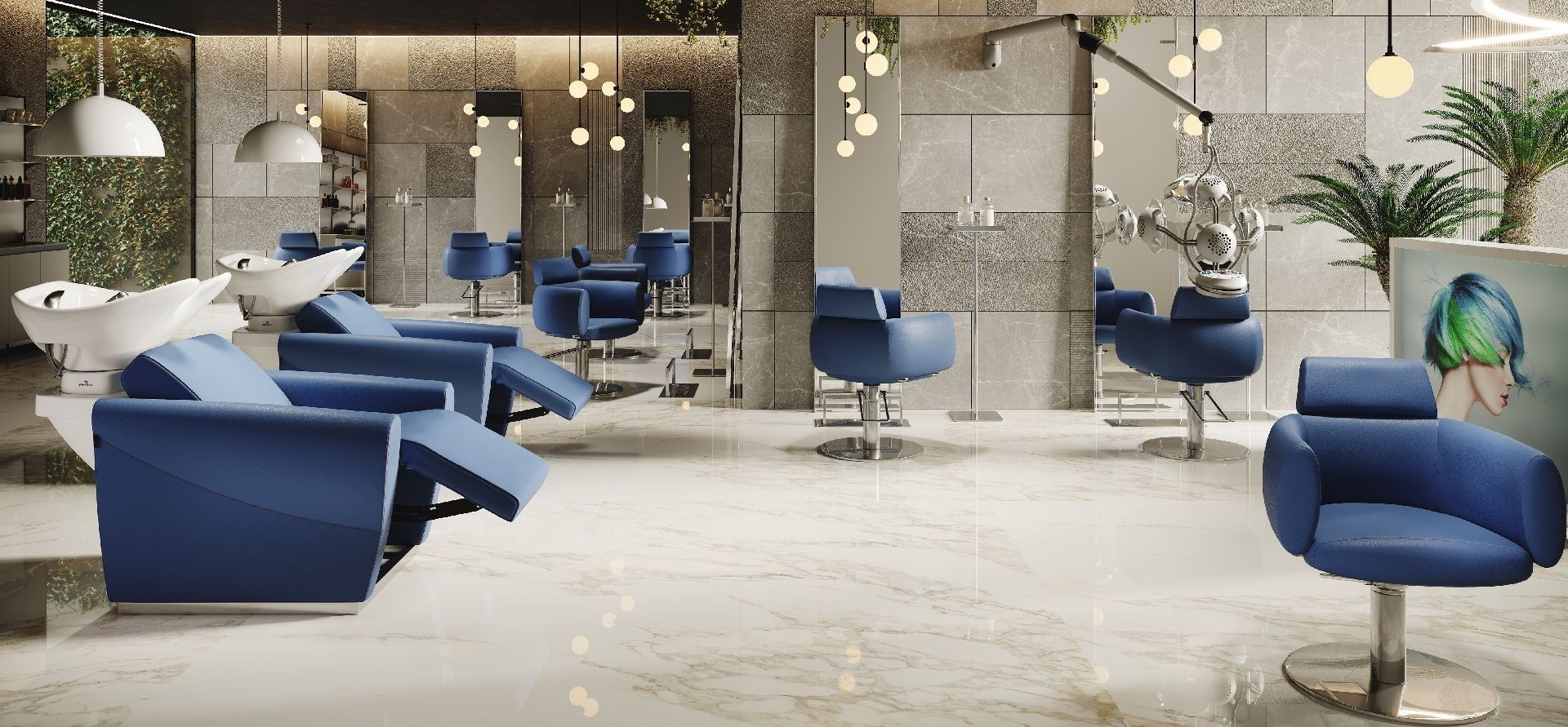 Una peluquería con sillas azules y un lavabo.