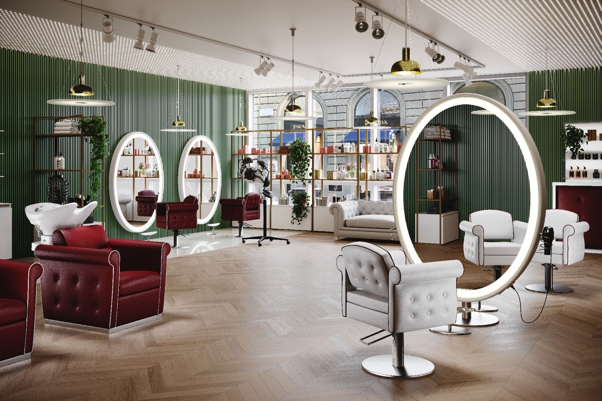 Una peluquería con muchas sillas y espejos.