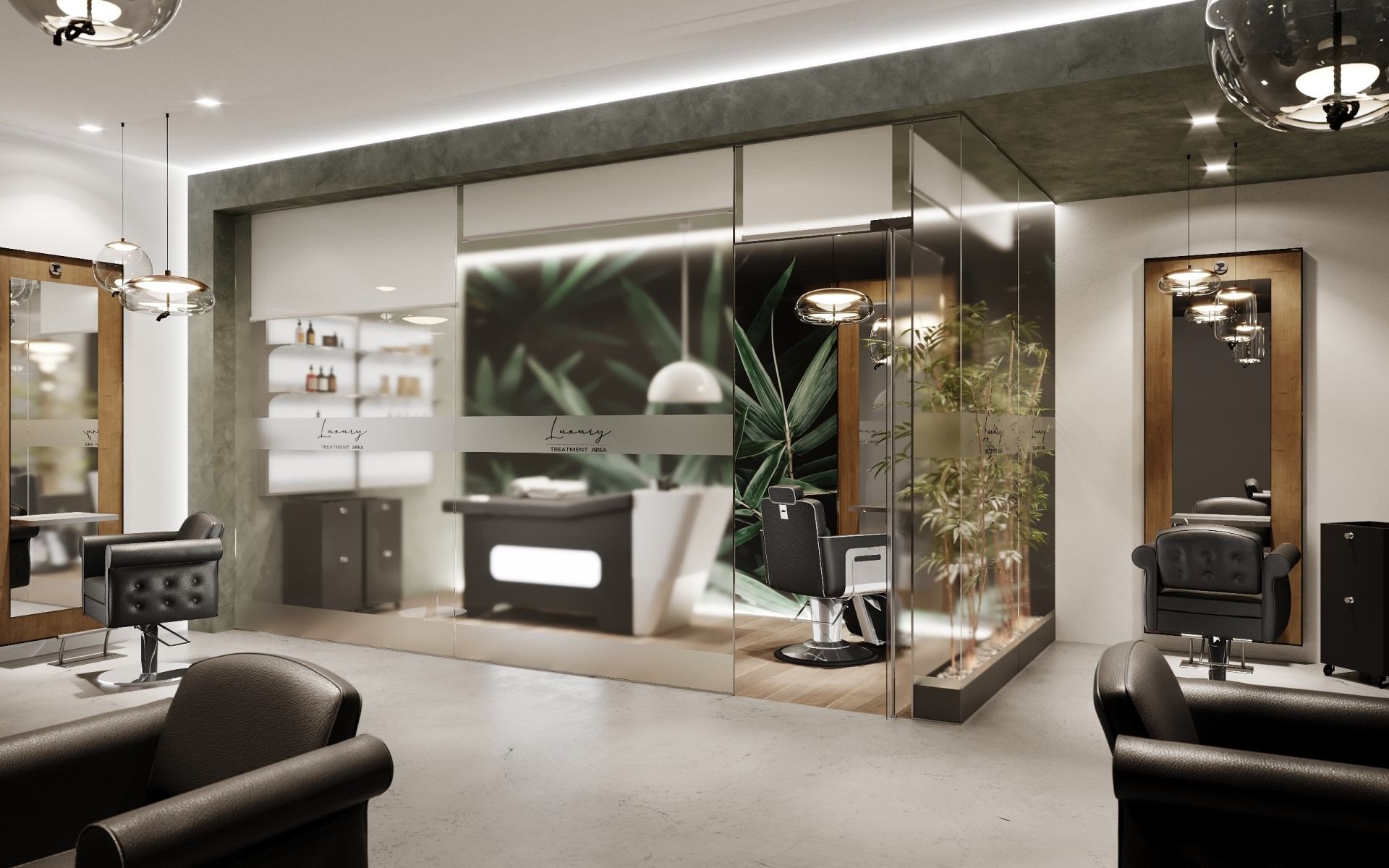 Impresión artística de una peluquería con sillas y espejos.