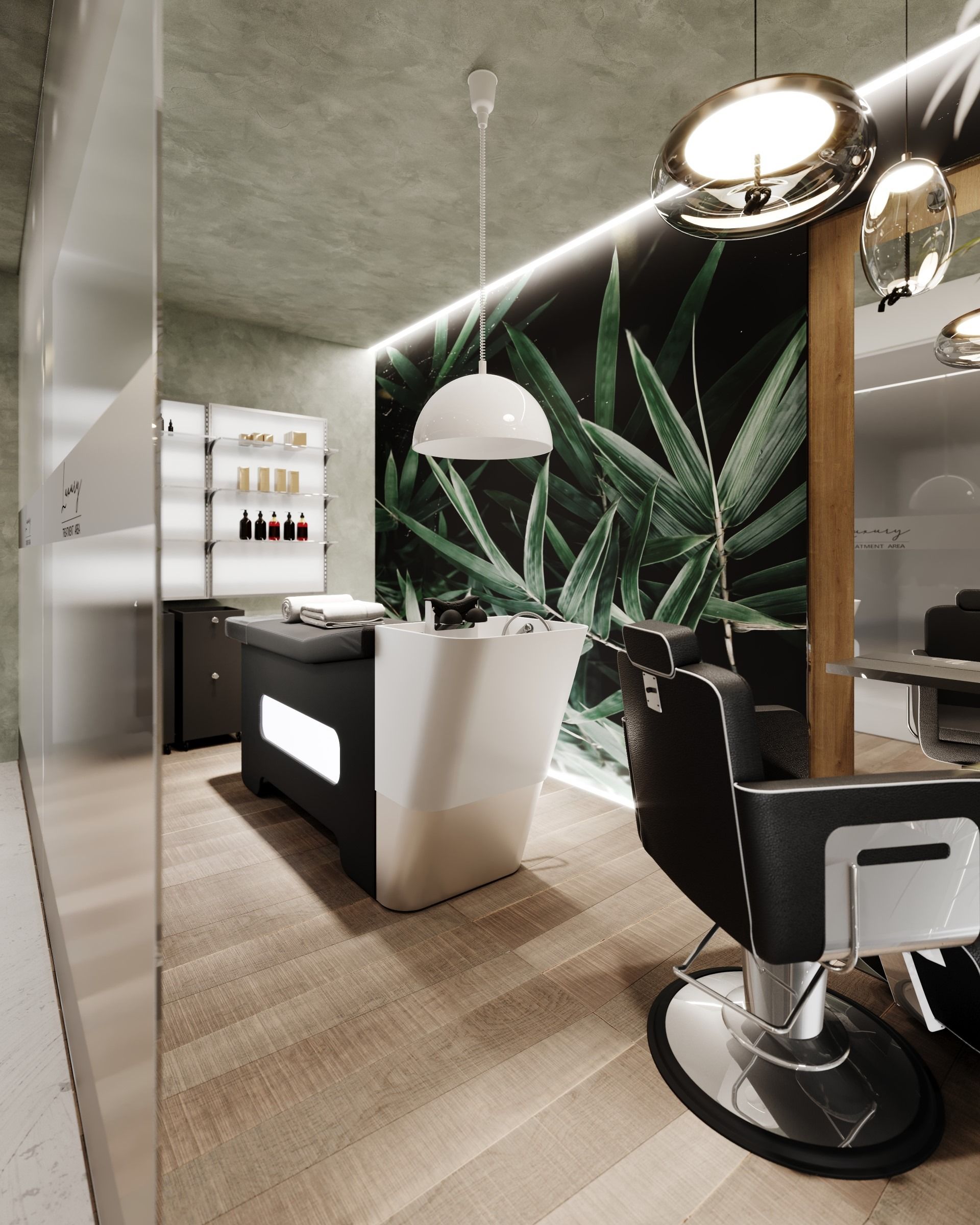 Una peluquería con una silla y un mostrador