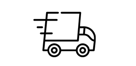 Un icono en blanco y negro de un camión de reparto sobre un fondo blanco.