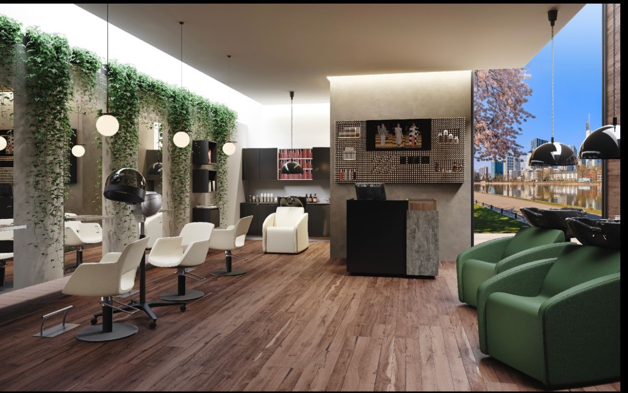 Impresión artística de una peluquería con sillas verdes.