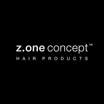 El logotipo de los productos para el cabello z.one concept está sobre un fondo negro.