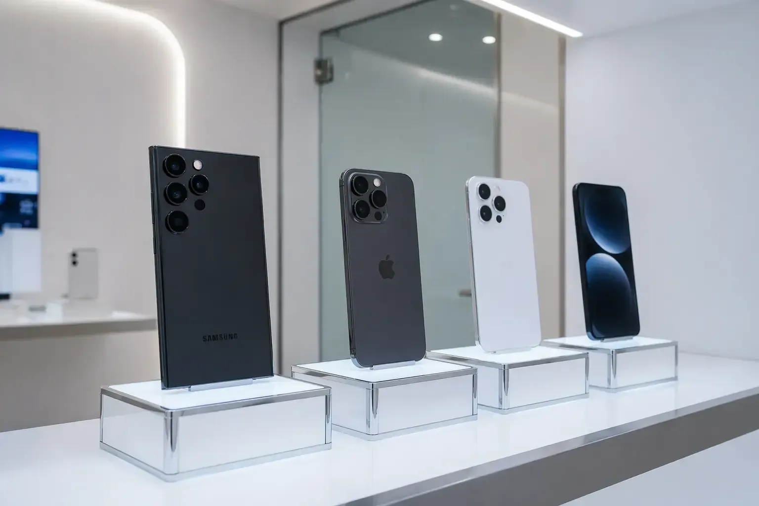 Cuatro teléfonos inteligentes sobre pedestales de exhibición en una sala de exposición luminosa y moderna.