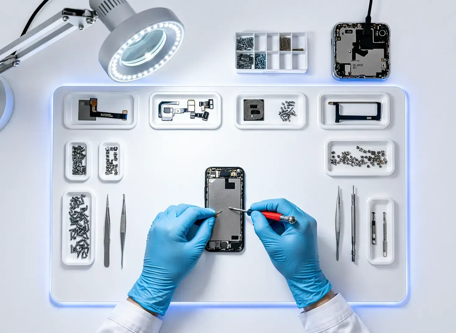 Manos enguantadas reparando un teléfono inteligente