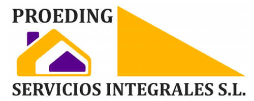 Logotipo de Proeding Servicios Integrales SL que presenta un icono de una casa amarilla y un gran triángulo amarillo sobre un fondo blanco.