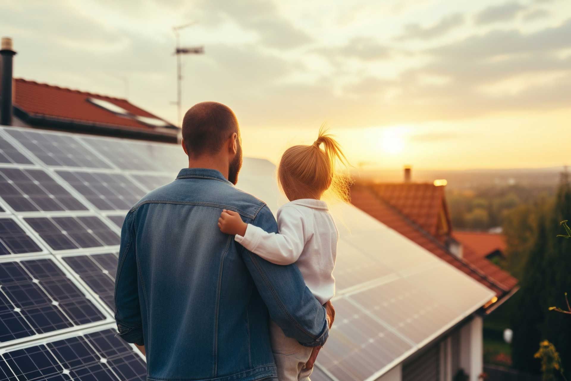 Un père et sa fille dans les bras de dos face au soleil couchant à côté d'une maison avec des panneaux solaires