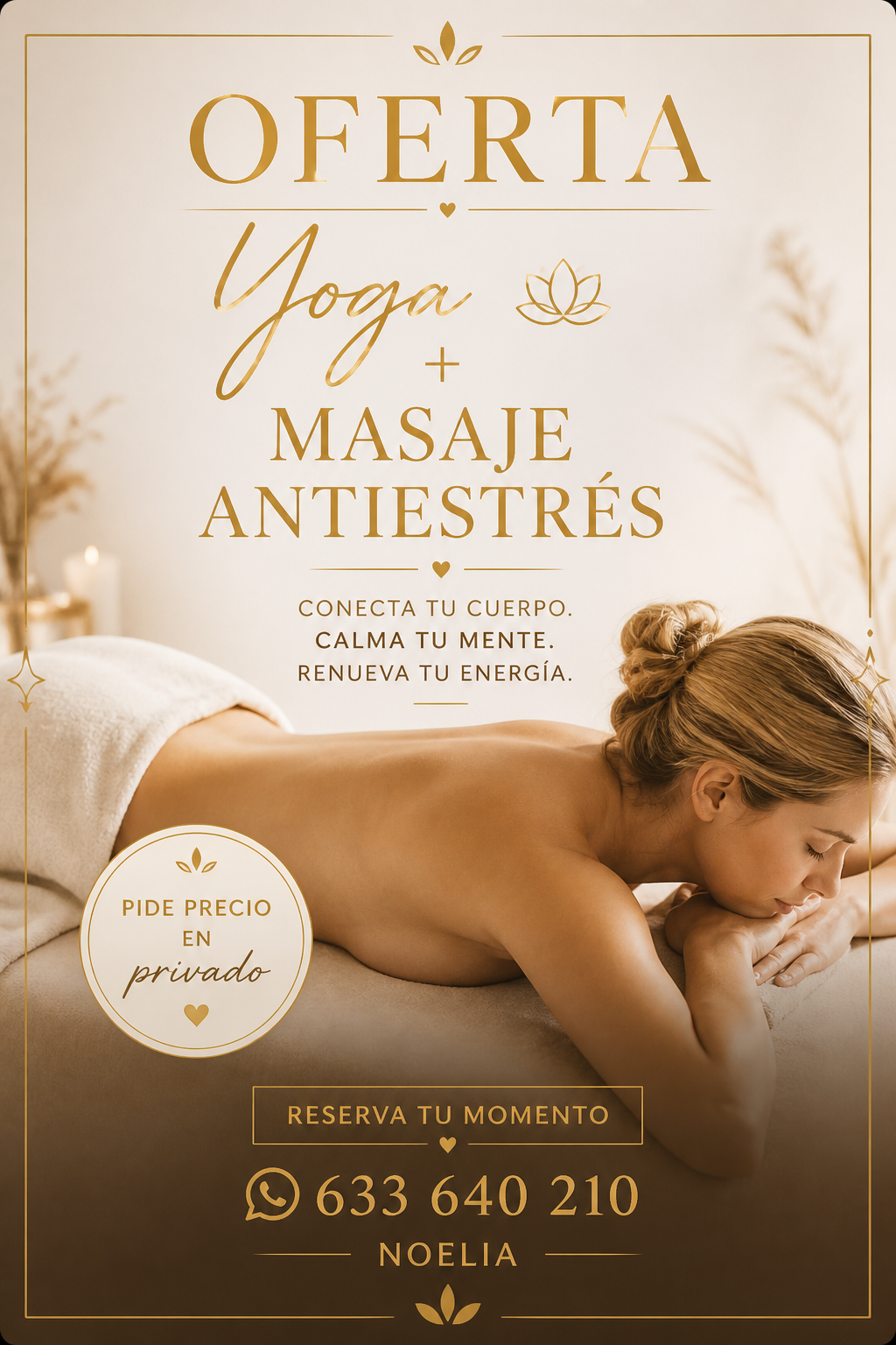 Oferta de yoga y masaje antiestrés en tonos beige, con mujer recibiendo masaje y texto de contacto.