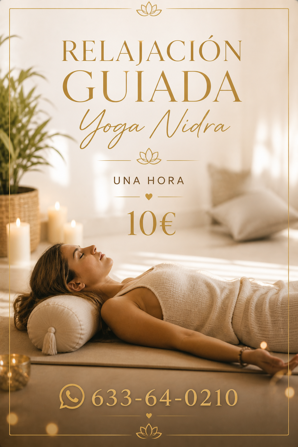 Mujer recostada en un spa con texto de “Relajación guiada”, yoga nidra, una hora, 10€ y un número de WhatsApp