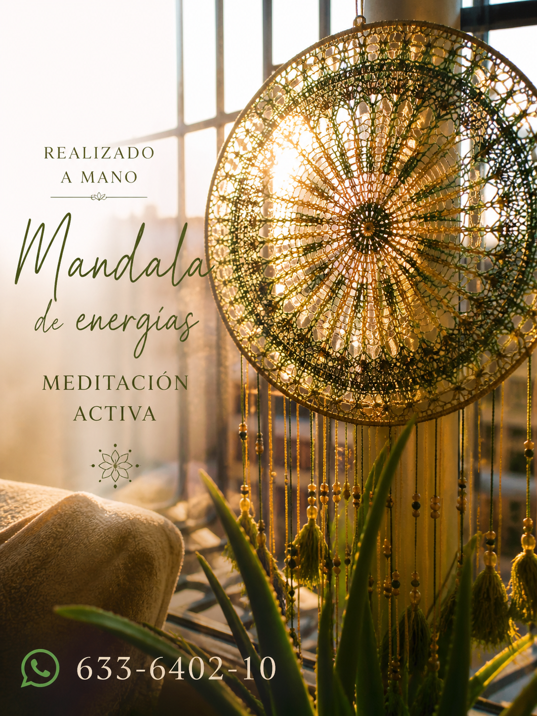 Cartel beige con mandala dorado, plantas y texto promocional de meditación activa; incluye un número de WhatsApp.