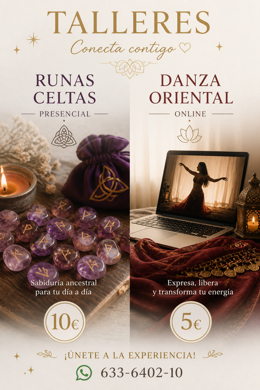 Cartel de talleres: runas celtas presenciales y danza oriental online, con velas, cristales y detalles dorados.