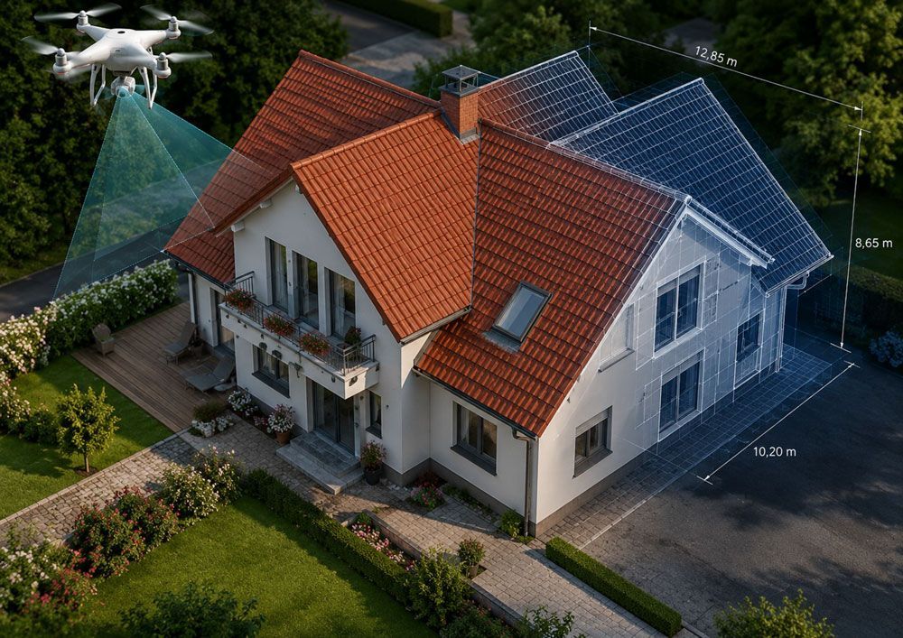 Ein Haus mit vielen Sonnenkollektoren auf dem Dach
