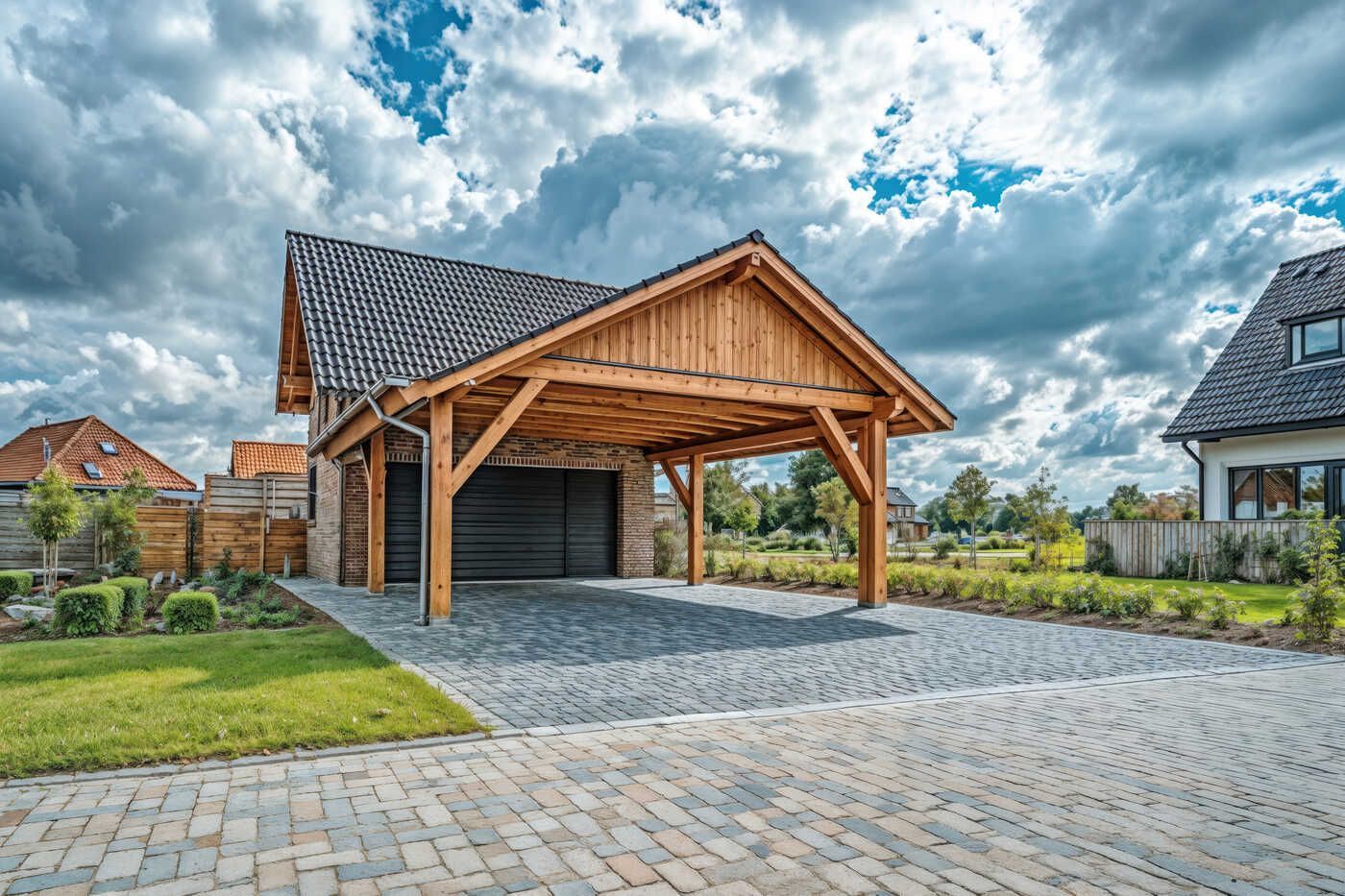Ein hölzerner Carport mit einer Garage darunter vor einem Haus.