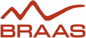 Ein rotes Braas-Logo mit einem Berg im Hintergrund