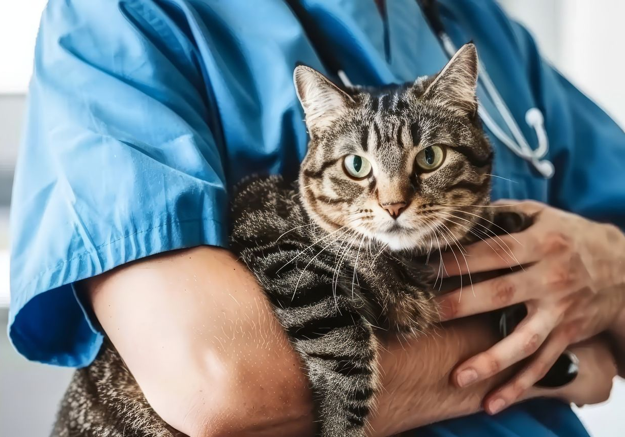 Manos con guantes azules examinando la pata de un perro sobre una sábana blanca.