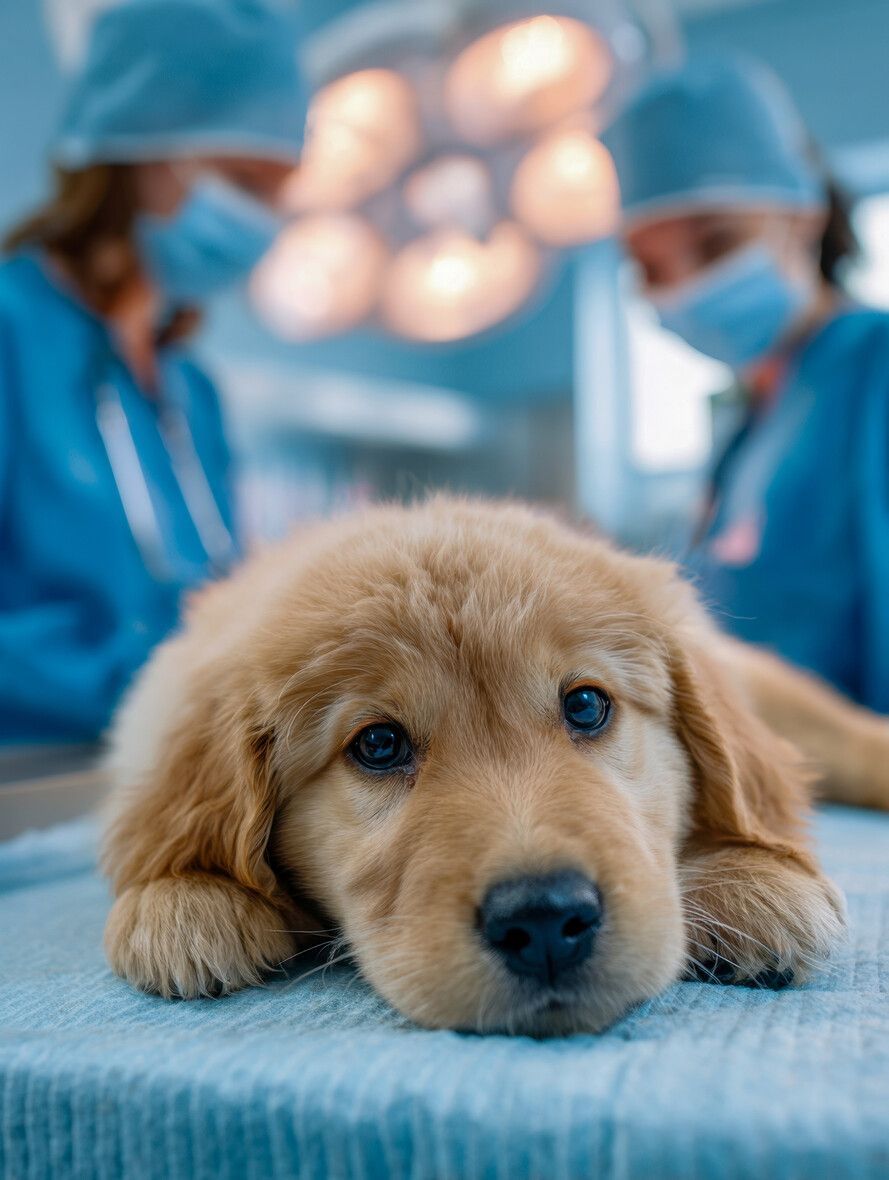 Cachorro golden retriever en la mesa de operaciones; dos veterinarios con uniformes azules y máscaras en el fondo.