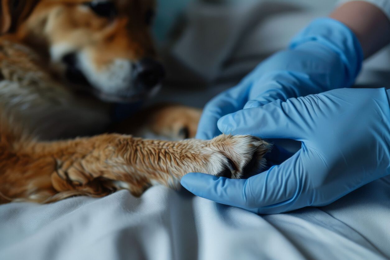 Manos con guantes azules examinando la pata de un perro sobre una sábana blanca.
