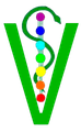 "V" verde con bast&oacute;n de Asclepio y colores de chakra.