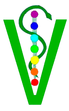 "V" verde con bast&oacute;n de Asclepio y colores de chakra.