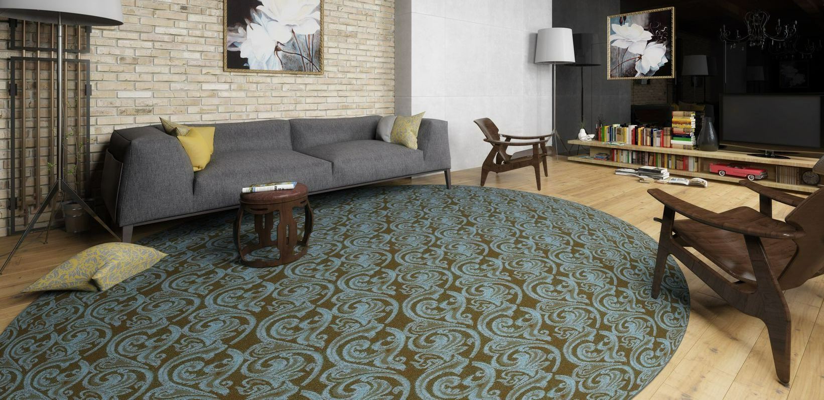 Salon avec tapis circulaire