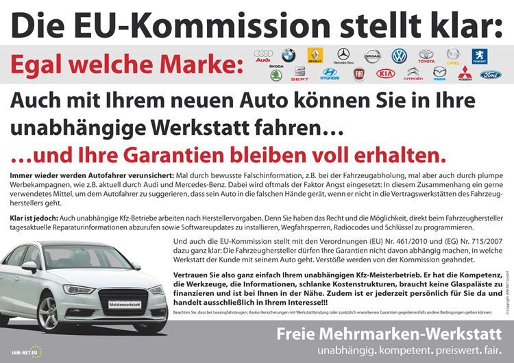 A white car is on a poster that says die eu-kommission stellt klar