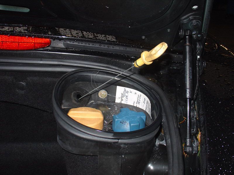 Ein schwarzes Auto mit einem gelben Ölmessstab im Kofferraum