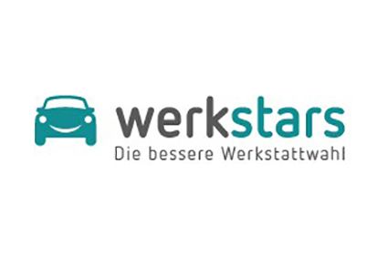 Ein Logo für eine Firma namens Werkstars mit einem Auto und einem Lächeln darauf.