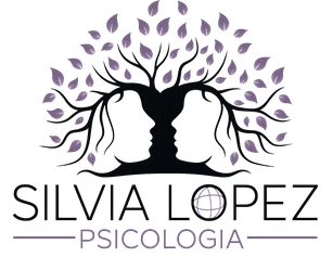 Logotipo de Silvia Lopez Psicologia con la silueta de un &aacute;rbol formada por dos perfiles enfrentados, con hojas moradas.