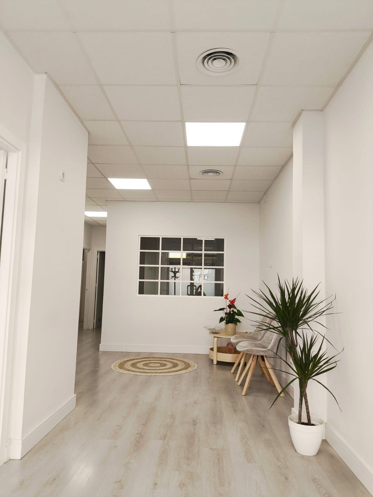 Una sala de espera luminosa y blanca con suelo de madera clara, dos sillas