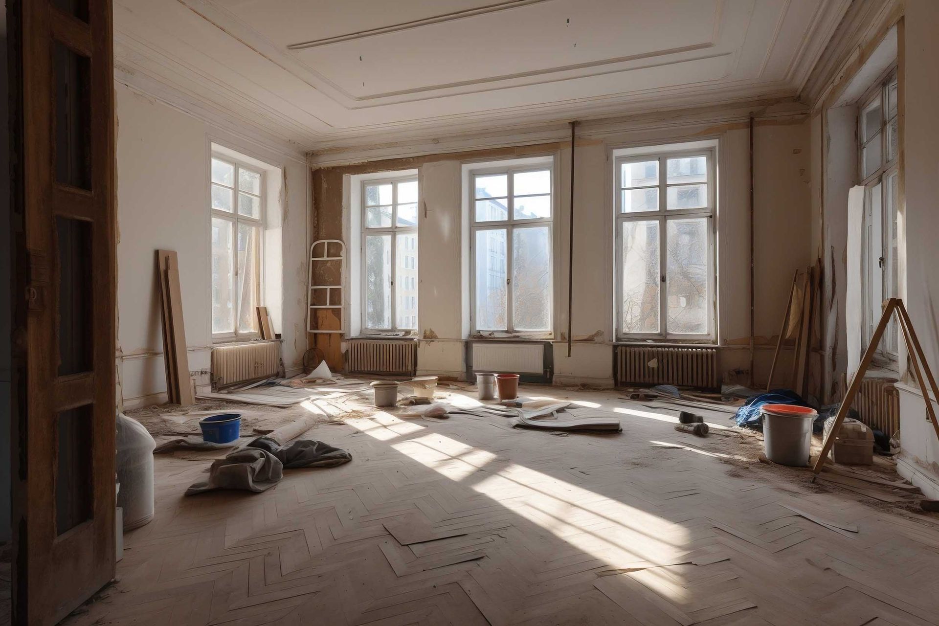 Una habitación vacía con muchas ventanas y herramientas en el suelo.