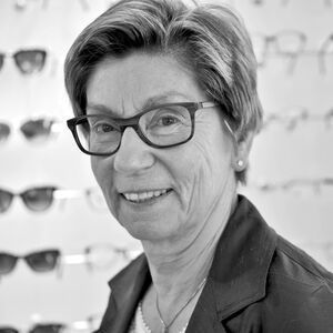 Brillen, die in einem Geschäft auf Glasregalen ausgestellt sind, wobei die Gestelle ordentlich in Reihen angeordnet sind.
