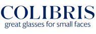 Colibris-Logo mit blauem Text und dem Slogan „Tolle Brillen für schmale Gesichter“