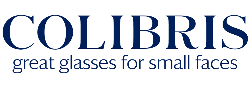 Colibris-Logo mit blauem Text und dem Slogan „Tolle Brillen für schmale Gesichter“