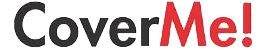 CoverMe!-Logo in schwarzer und roter Schrift mit einer grauen Grafik darüber