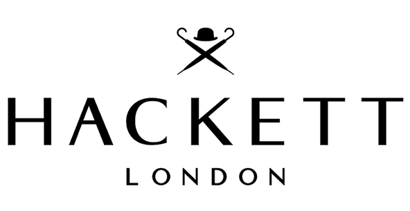 HACKETT LONDON-Logo in Schwarz auf weißem Hintergrund, mit gekreuzten Rudern und einem Bowlerhut-Symbol über dem Text