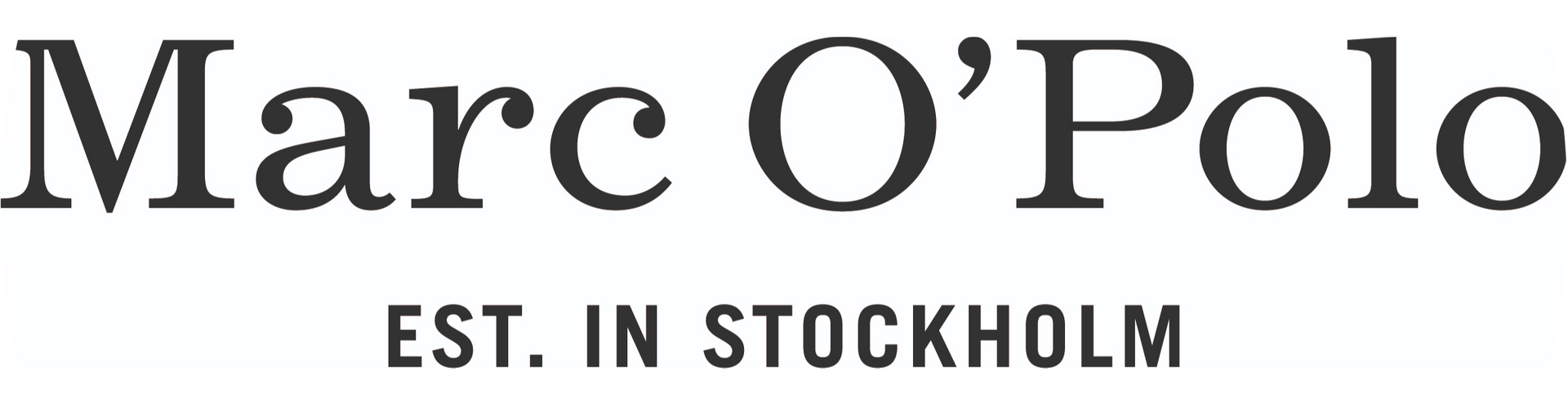 Marc O'Polo-Logo mit dem darunter stehenden Schriftzug „Est. in Stockholm“ in schwarzer Schrift auf weißem Hintergrund