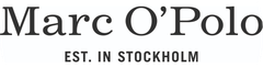 Marc O'Polo-Logo mit dem darunter stehenden Schriftzug „Est. in Stockholm“ in schwarzer Schrift auf weißem Hintergrund