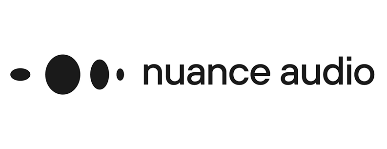 Nuance Audio-Logo mit schwarzen Punkten und Text auf weißem Hintergrund