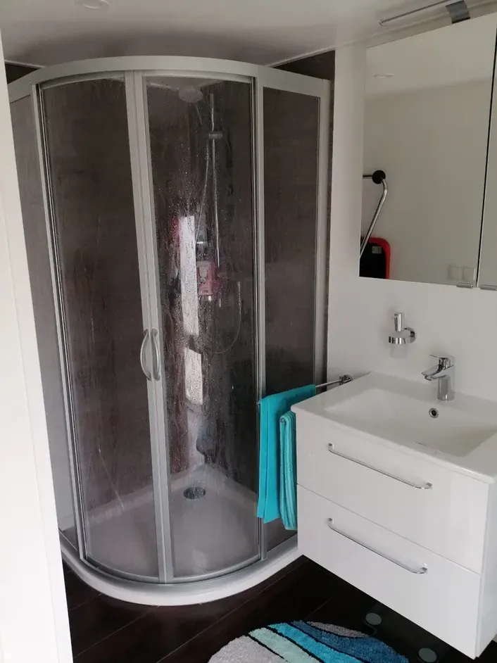 Ein Badezimmer mit Dusche, Waschbecken und Spiegel.