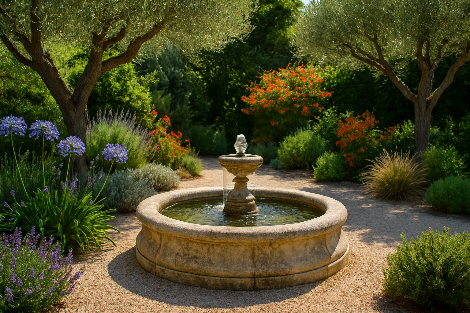 Il y a un étang au milieu du jardin entouré de plantes et de rochers.