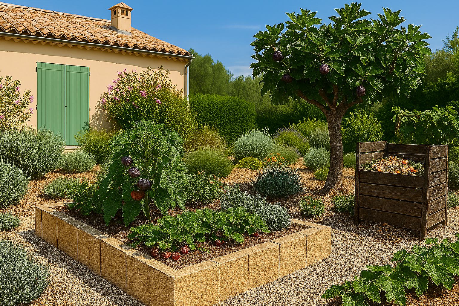 Il y a un étang au milieu du jardin entouré de plantes et de rochers.