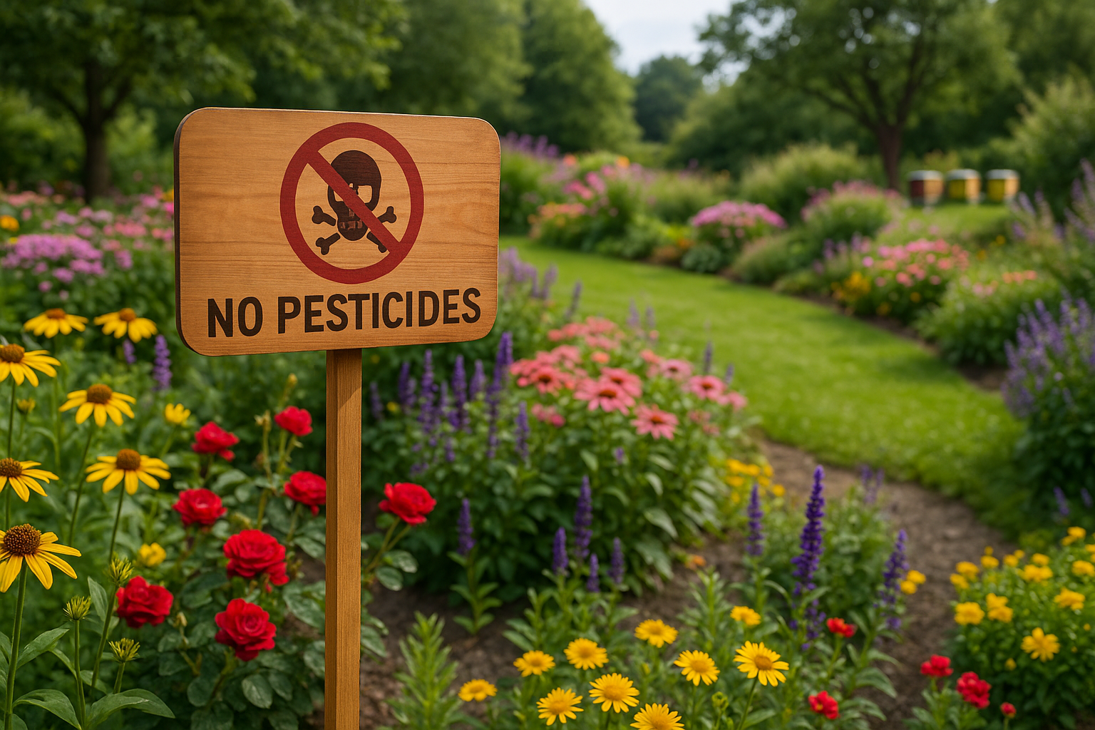 Il y a un étang au milieu du jardin entouré de plantes et de rochers.