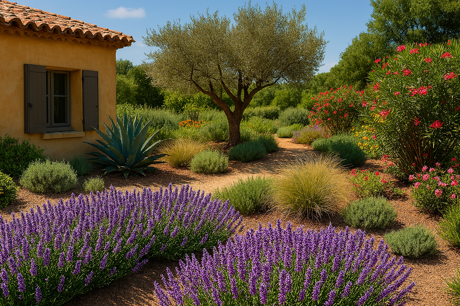 Il y a un étang au milieu du jardin entouré de plantes et de rochers.