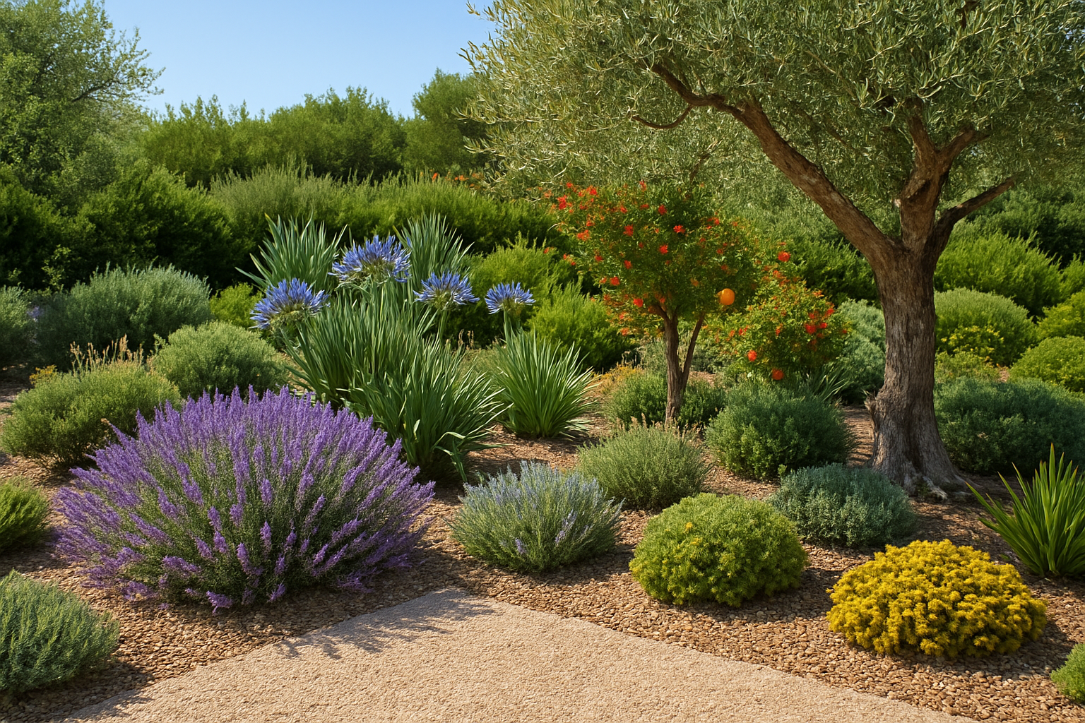 Il y a un étang au milieu du jardin entouré de plantes et de rochers.