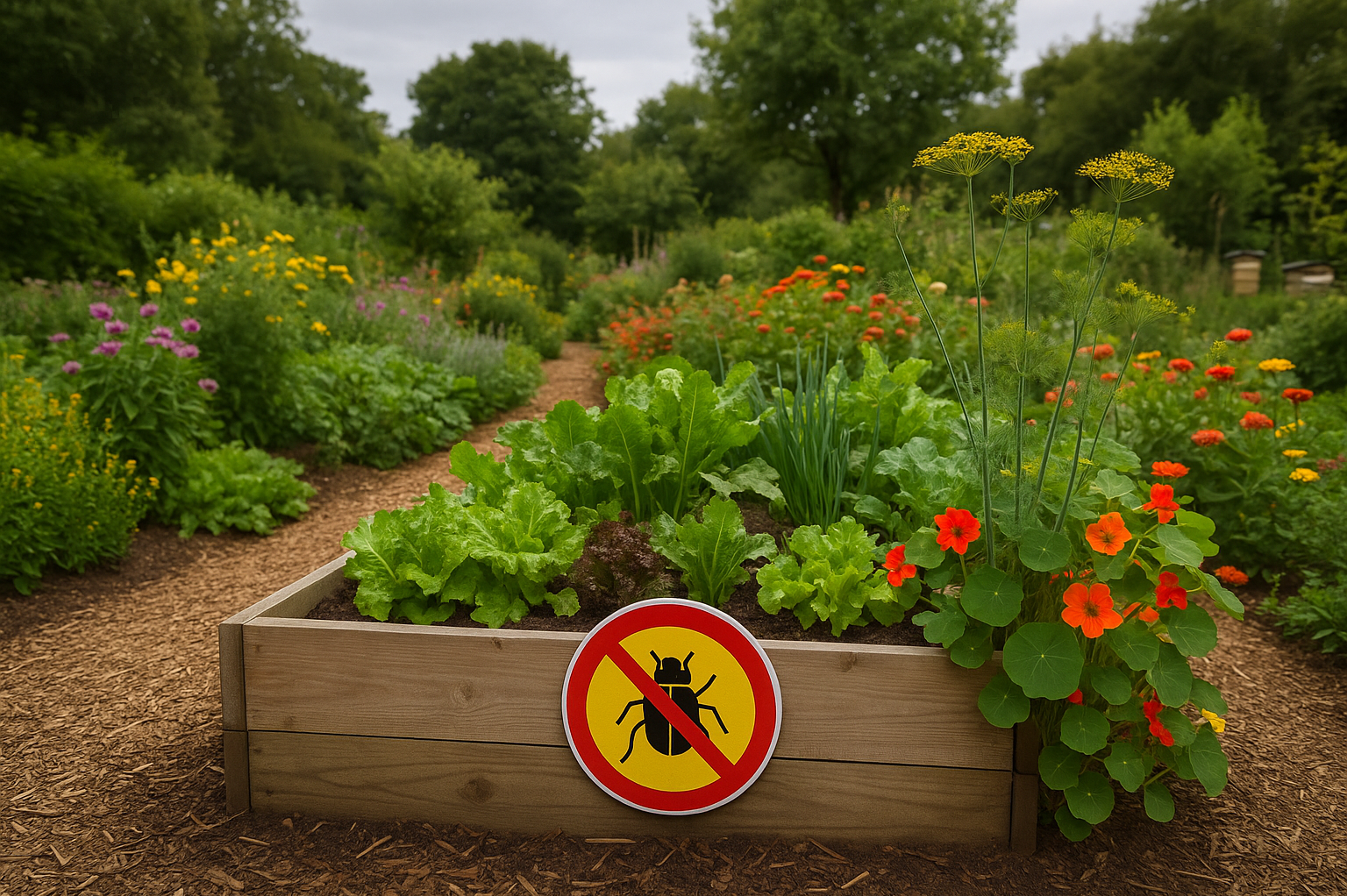 Il y a un étang au milieu du jardin entouré de plantes et de rochers.