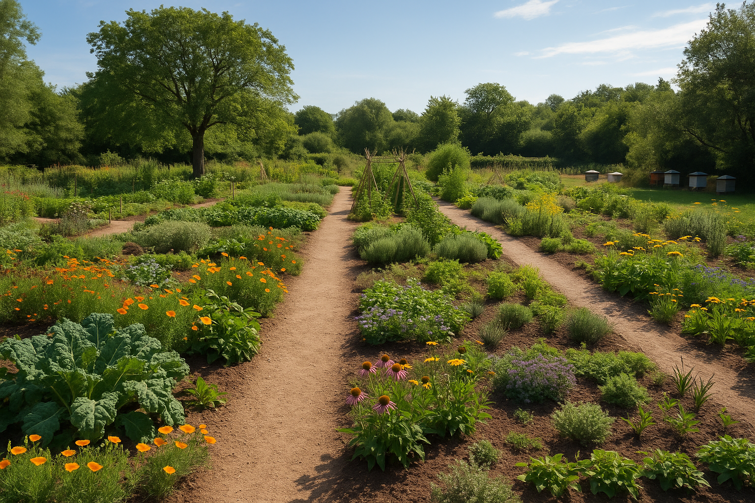 Jardin fleuri avec un poulailler