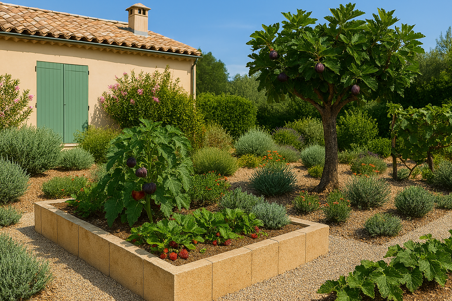 Il y a un étang au milieu du jardin entouré de plantes et de rochers.