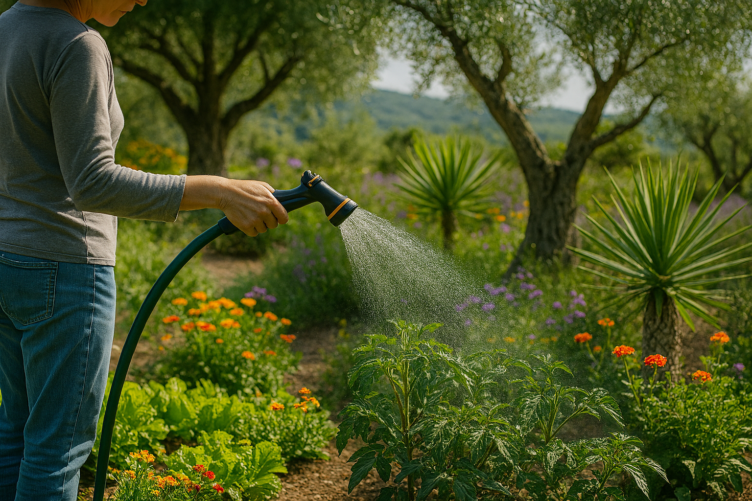 Il y a un étang au milieu du jardin entouré de plantes et de rochers.