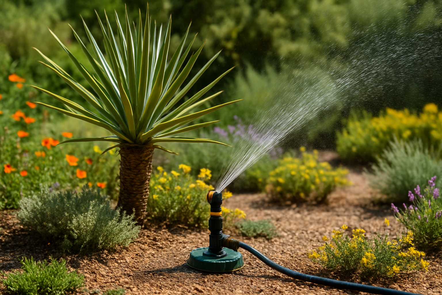 Il y a un étang au milieu du jardin entouré de plantes et de rochers.