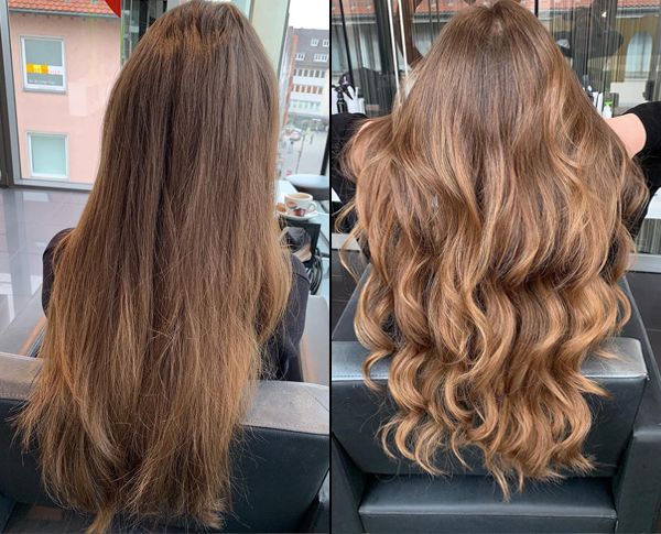 Ein Vorher-Nachher-Foto der Haare einer Frau in einem Salon.